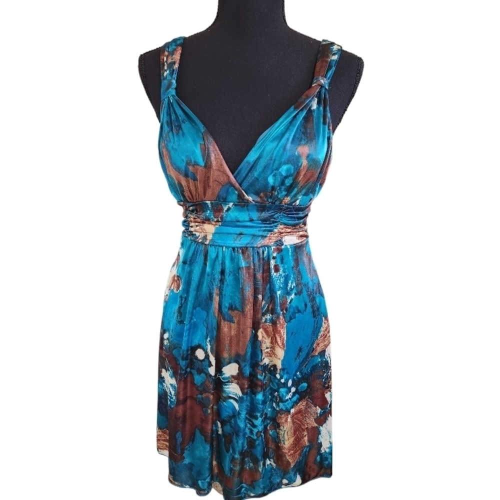 SPEECHLESS silky fit & flare dress sundress turquoise brown size small NWT